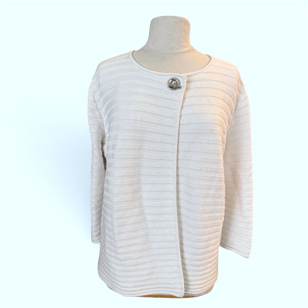 Jones New York XL Cardigan Sweater White Toggle Button Silver Front Fly Away